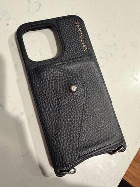 Bandolier Black Pebbled Leather Card Phone Case with Gold Logo iPhone 13 Pro